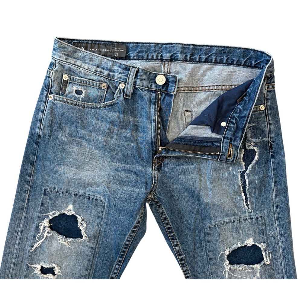 Armani Exchange Jeans Mens 31‎ Blue Straight Distressed Ripped Patch Denim - Picture 2 of 11